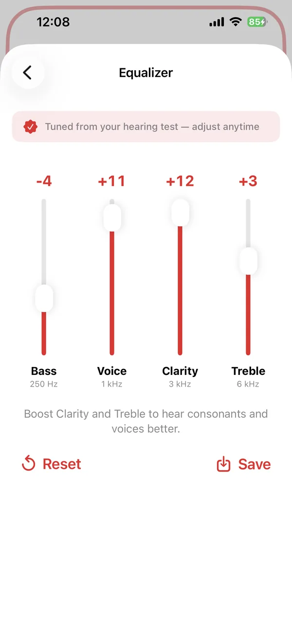 Hearing amplifier app equalizer with bass, voice, clarity and treble sliders