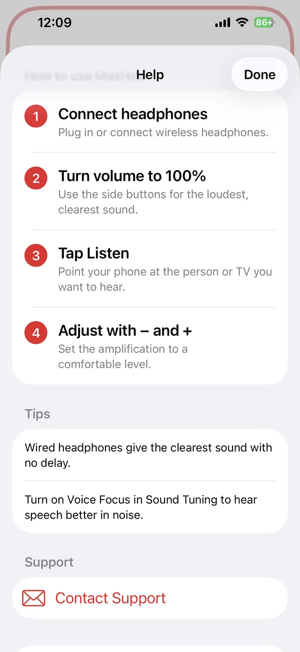 Hearing amplifier app help screen with the four steps to start amplifying