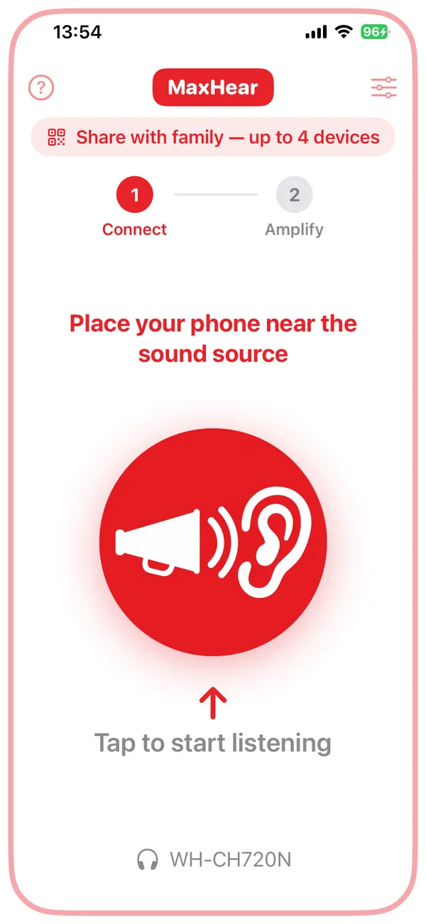 Sound amplifier app listening screen with the connected headphones shown at the bottom